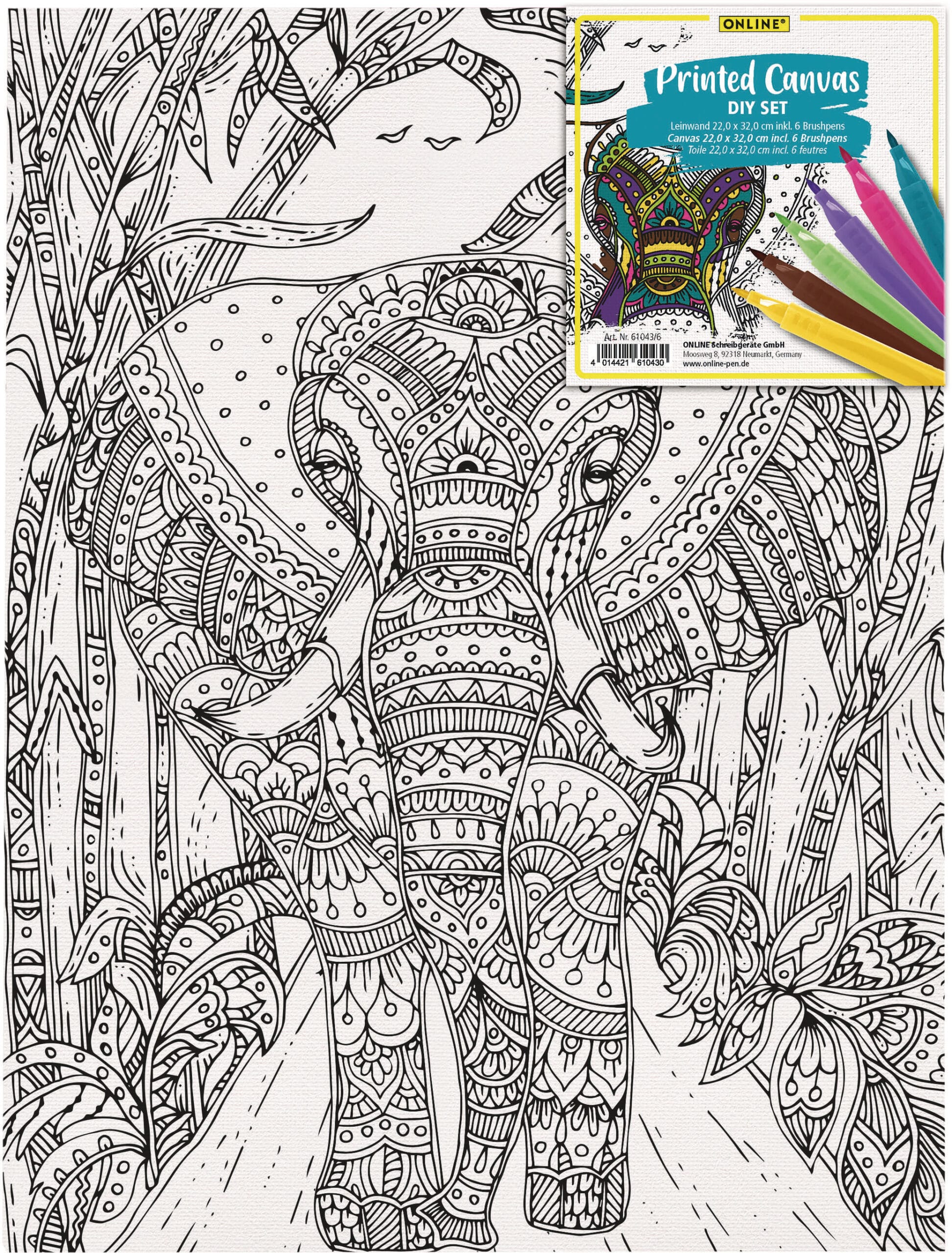ONLINE-61043-6-4014421610430 ONLINE Leinwand-Set 25.4x35.6cm 61043/6 Elefant, inkl. 6 Brushpens – Hochwertig & günstig bei ShopDeca
