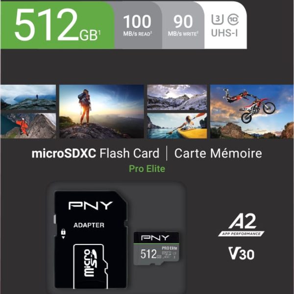 PNY micro-SDXC Pro Elite 512GB P-SDUX512U3100PRO-GE UHS-I U3 A2 & adapter