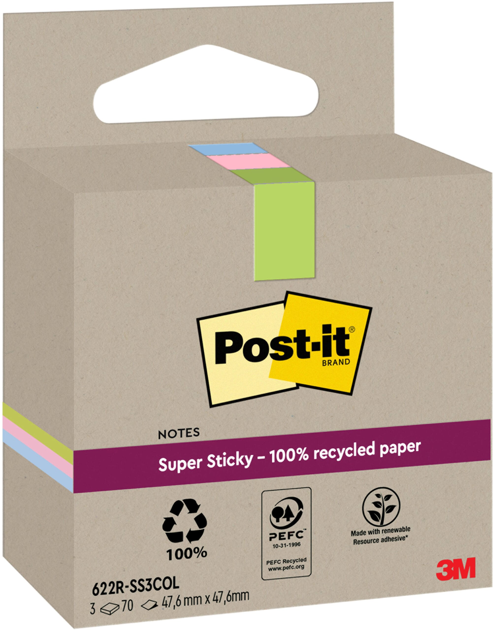 POST-IT-622-RSS3COL-4064035059958 POST-IT SuperSticky Notes 47.6x47.6mm 622 RSS3COL Recycling,assort. 3x70 Blatt – Hochwertig & günstig bei ShopDeca