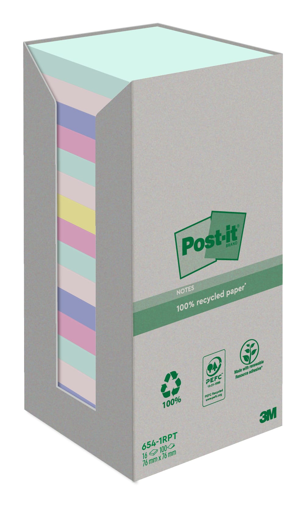POST-IT-654-1RPT-4054596926707 POST-IT Haftnotizen Recycling 76x76mm 654-1RPT 5-farbig, 16x100 Blatt – Hochwertig & günstig bei ShopDeca