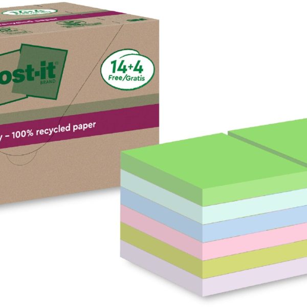 POST-IT SuperSticky Notes 76x76mm 654 RSSCOL 14+4F Recycling,assort. 18x70 Blatt