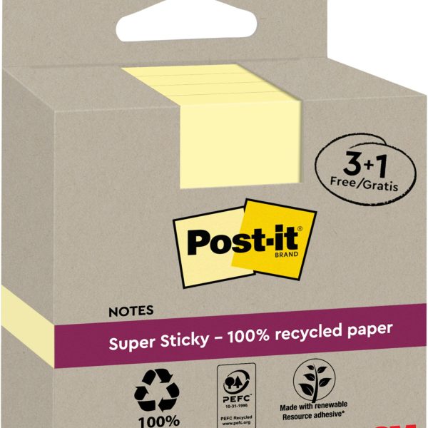 POST-IT SuperSticky Notes 76x76mm 654 RSSCY 3+1F Recycling,gelb 4x70 Blatt