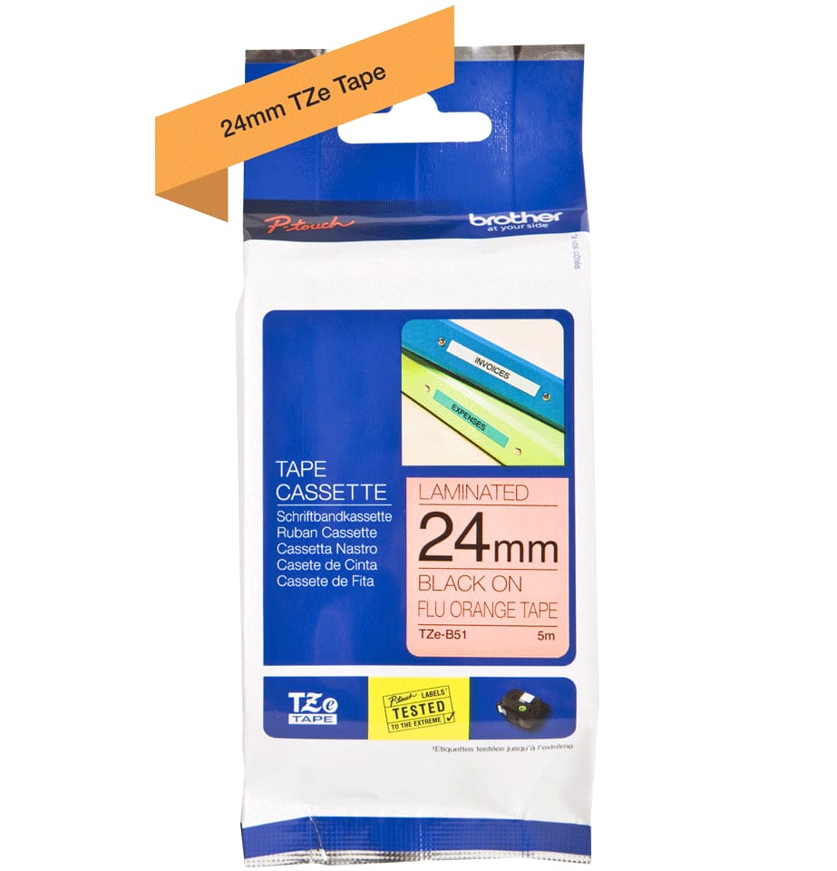 PTOUCH-TZe-B51-4977766692465 PTOUCH Band, lam.,fluor. schw./orange TZe-B51 PT-540 24 mm – Bild 1