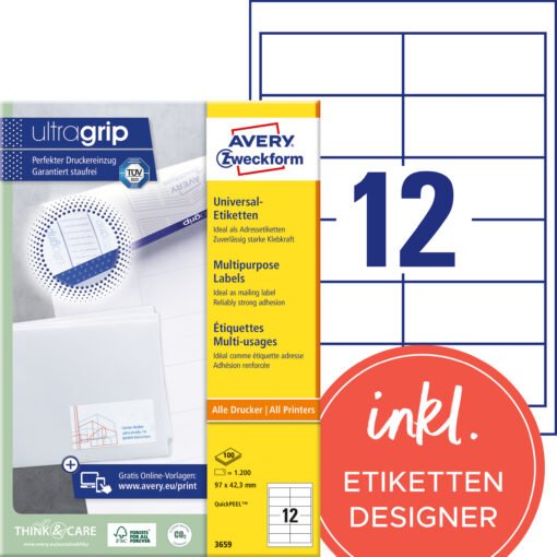 AVERY ZWECKFORM Universal-Etiketten 97x42.3mm 3659 weiss 1200 Stk./100 Blatt