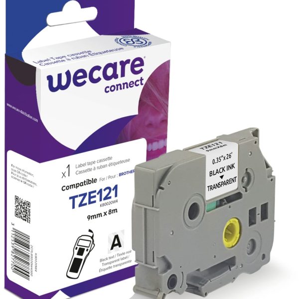 WECARE Band, laminiert schwarz/klar TZe-121WE ersetzt Ptouch Tze-121 9mm