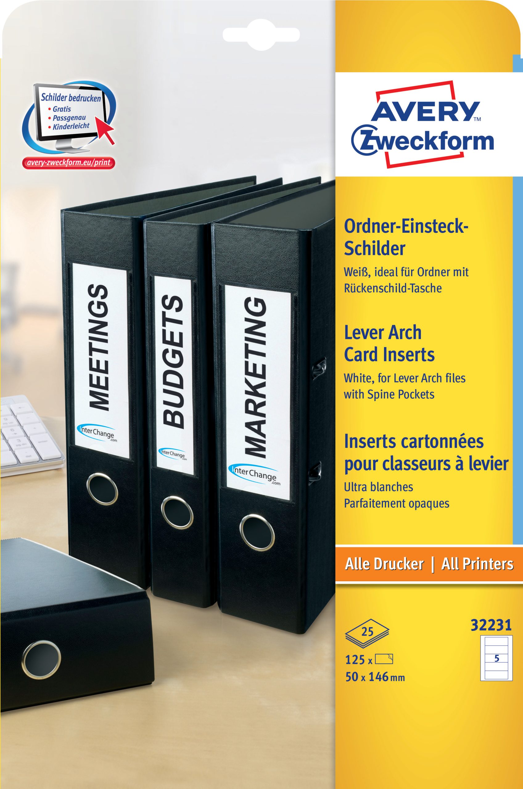 AVERY-ZWECKFORM-32231Z-4004182322314 AVERY ZWECKFORM Rückenschild Ordner 50x146mm 32231Z weiss 125 Stück/25 Blatt – Hochwertig & günstig bei ShopDeca
