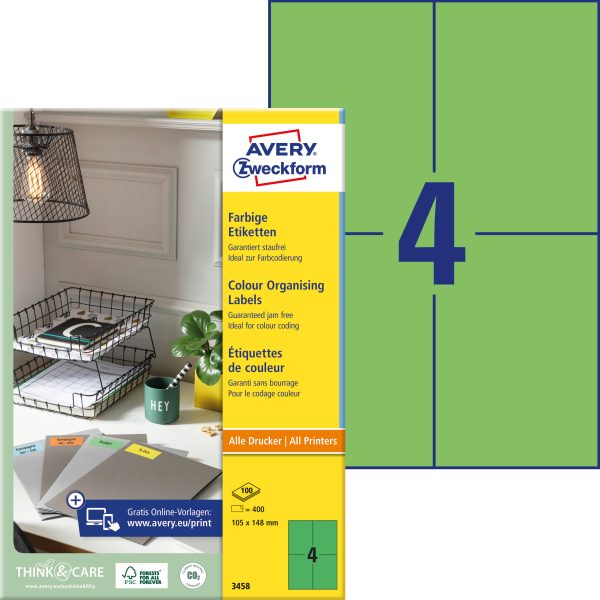 AVERY ZWECKFORM Etiketten 105x148mm 3458 Universal, grün 100Bl.4St.