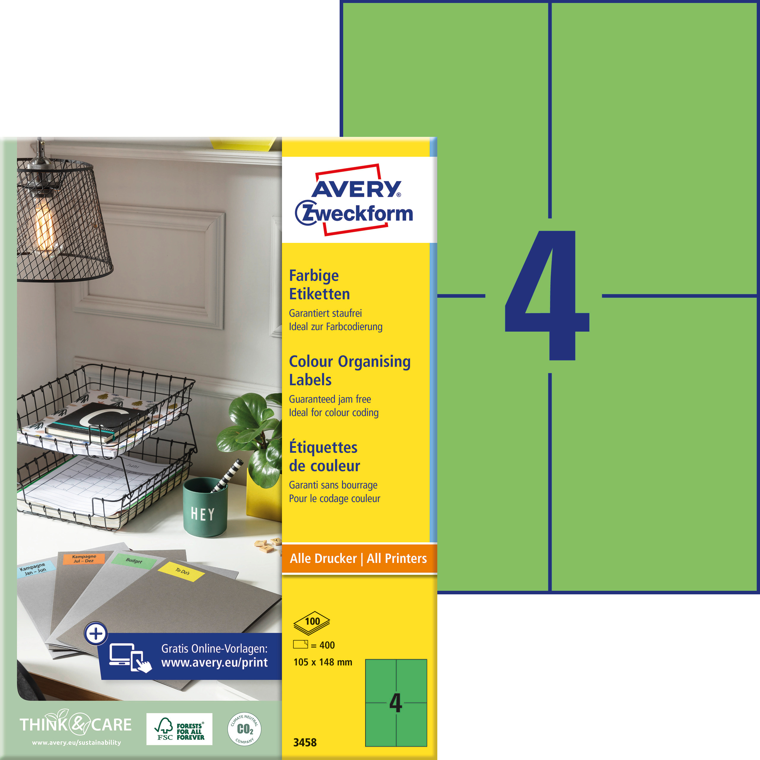 AVERY-ZWECKFORM-3458-4004182034583 AVERY ZWECKFORM Etiketten 105x148mm 3458 Universal, grün 100Bl.4St. – Hochwertig & günstig bei ShopDeca