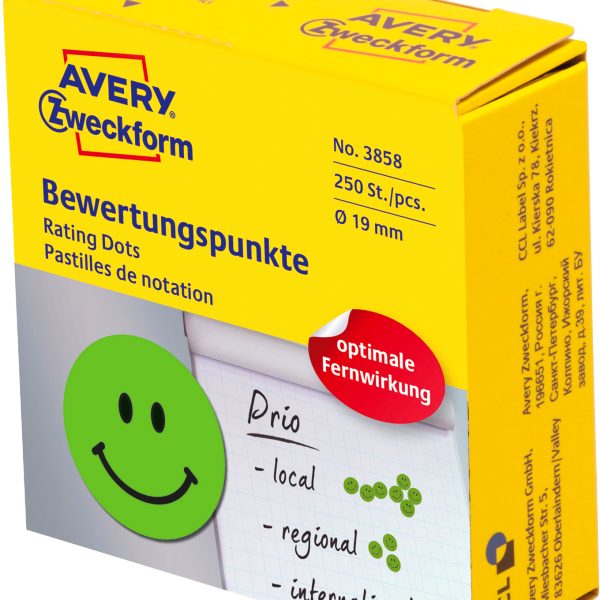 AVERY ZWECKFORM Bewertungspunkte Gesicht 19mm 3858 grün, Spender 250 Stück