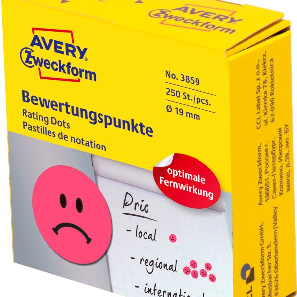 AVERY ZWECKFORM Bewertungspunkte Gesicht 19mm 3859 rot, Spender 250 Stück