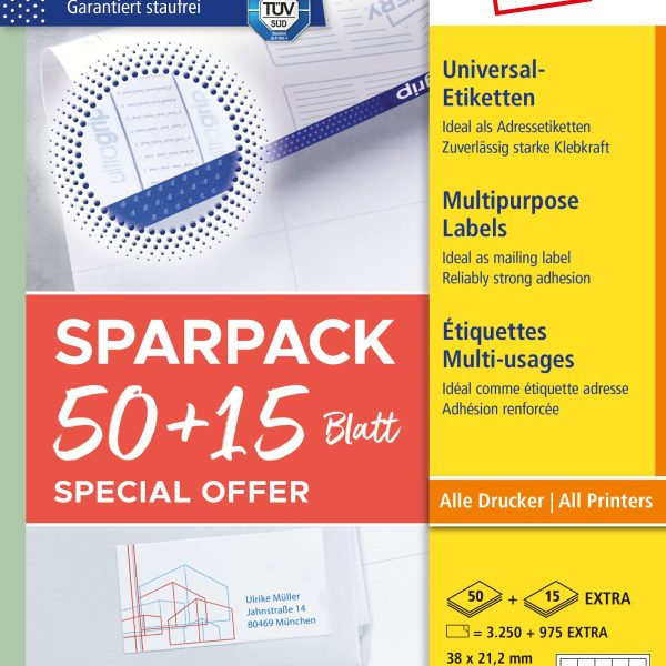 AVERY ZWECKFORM Universal-Etiketten 38x212mm 6121-65 weiss 50+15 Blatt