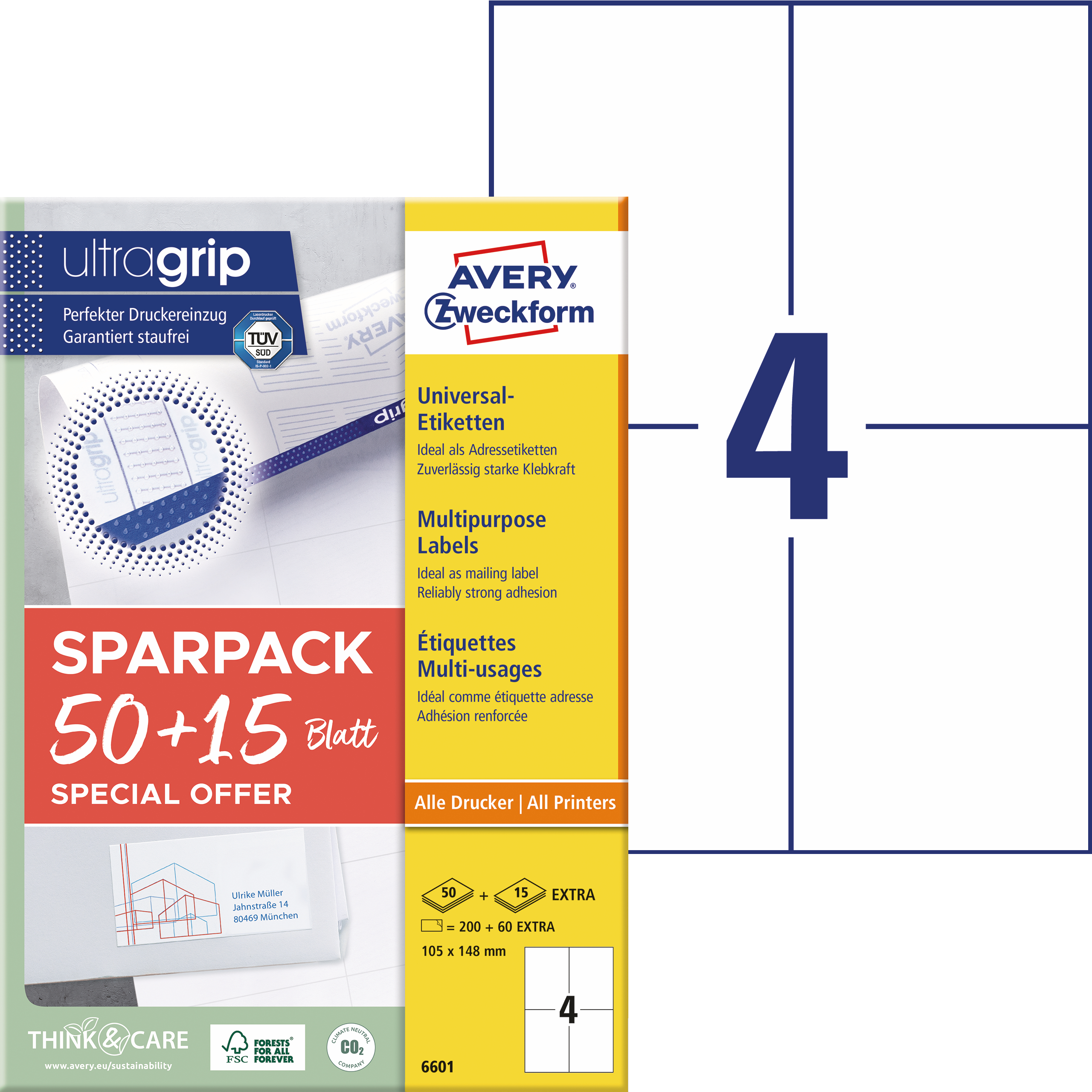 AVERY-ZWECKFORM-6601-4004182066010 AVERY ZWECKFORM Universal-Etiketten 105x148mm 6601 weiss 260 Stk./65 Blatt – Hochwertig & günstig bei ShopDeca