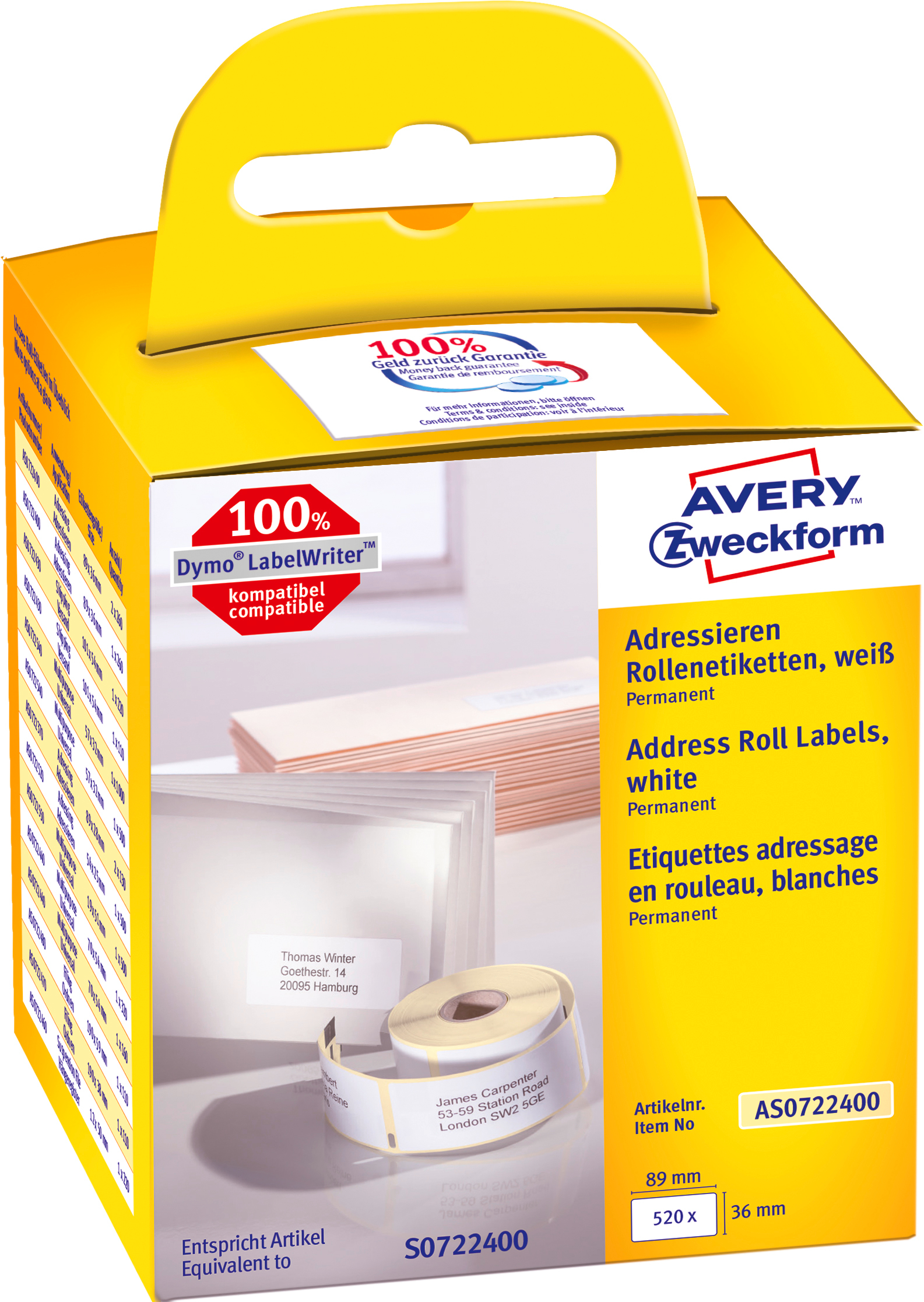 AVERY-ZWECKFORM-AS0722400-4004182617007 AVERY ZWECKFORM Adress-Etiketten 89x36mm AS0722400 weiss, Rolle 2x260 Stück – Hochwertig & günstig bei ShopDeca