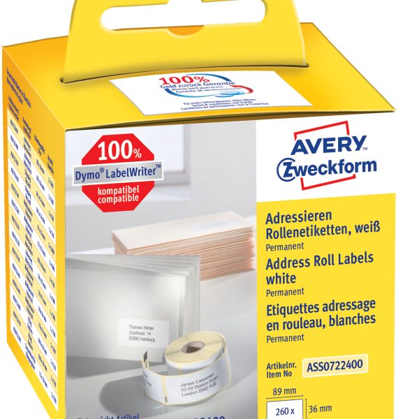 AVERY ZWECKFORM Adress-Etiketten 89x36mm ASS0722400 weiss, Rolle 260 Stück
