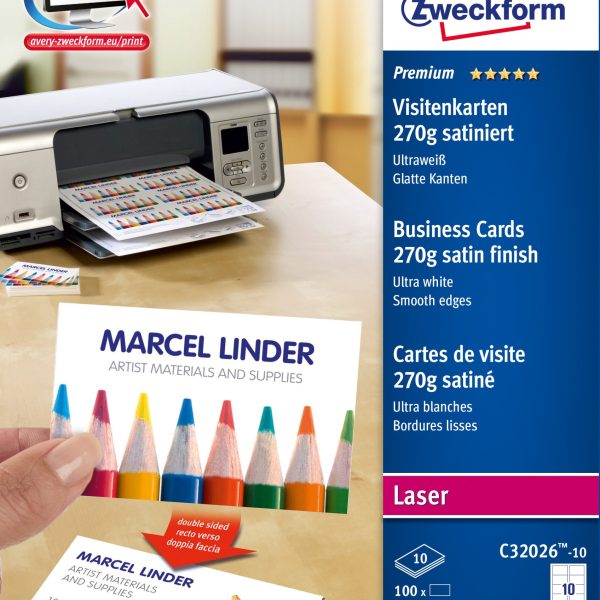 AVERY ZWECKFORM Visitenkarten 85x54mm/A4 C32026-10 weiss, 270g 100 Stück