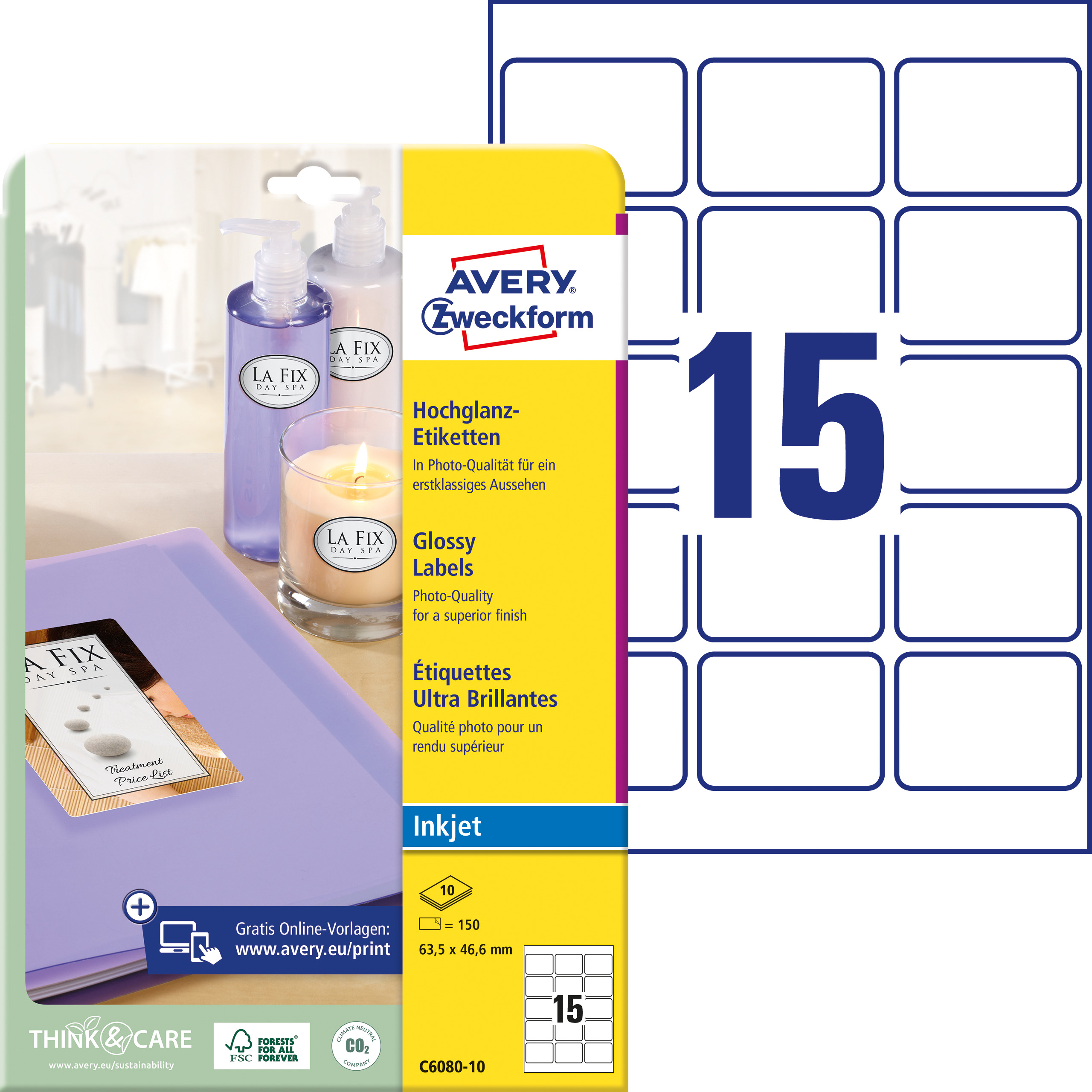 AVERY-ZWECKFORM-C6080-10-4004182060803 AVERY ZWECKFORM Etiketten 63,5x46,6mm C6080-10 weiss, grossy 150 Stück – Bild 1