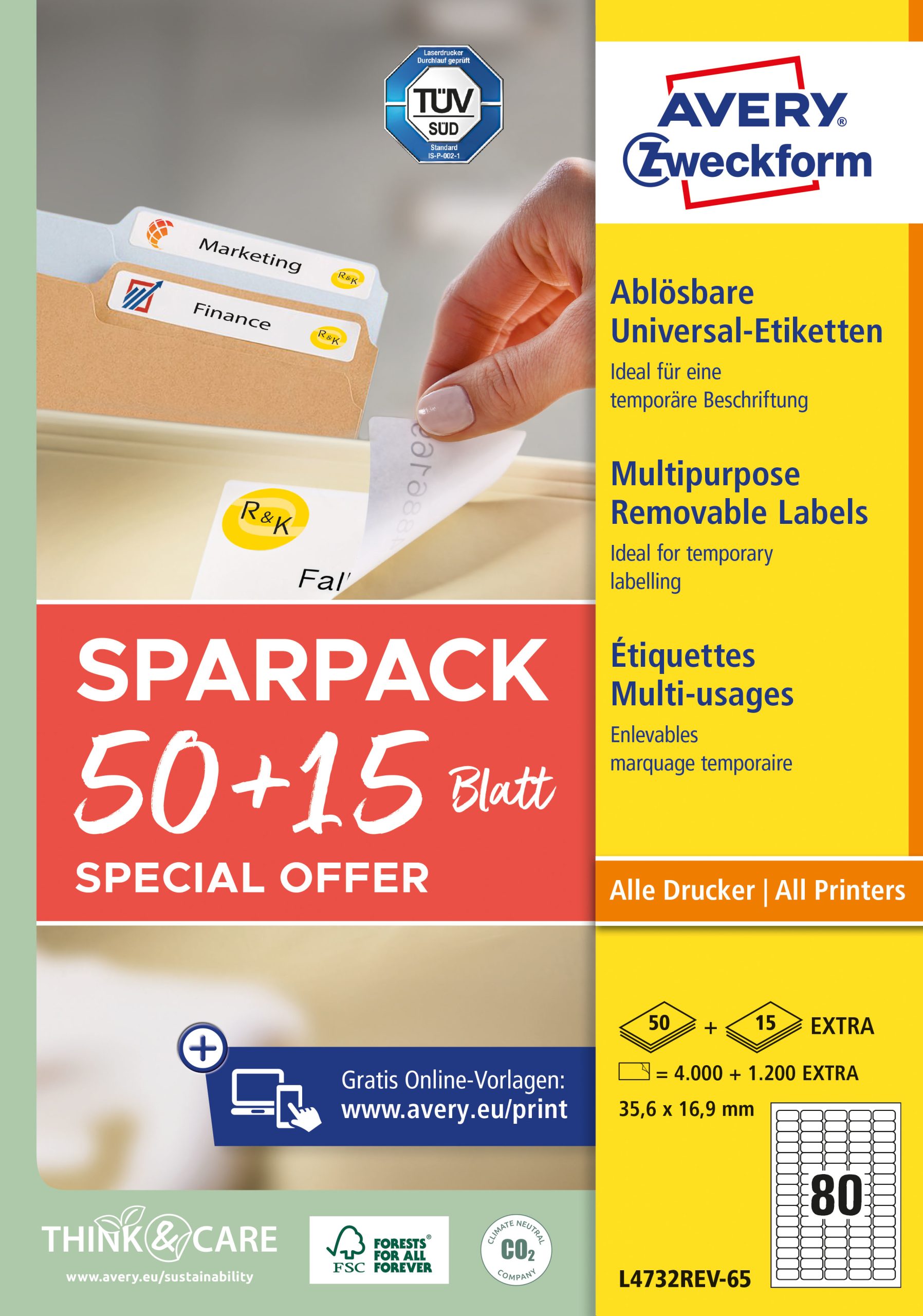 AVERY-ZWECKFORM-L4732REV-65-4004182347874 AVERY ZWECKFORM Universal-Etiketten 356x169mm L4732REV-65 weiss 50+15 Blatt – Hochwertig & günstig bei ShopDeca