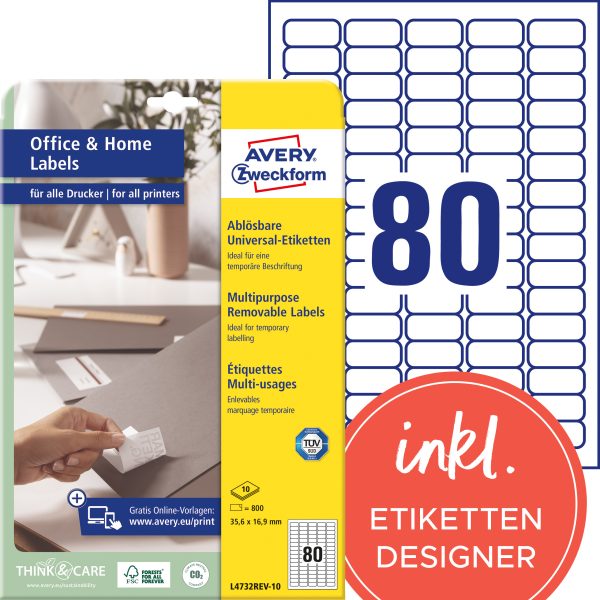 AVERY ZWECKFORM Etiketten ILK 35,6x16,9mm L4732REV1 weiss,ablösbar 10 Bl./800 Stk.