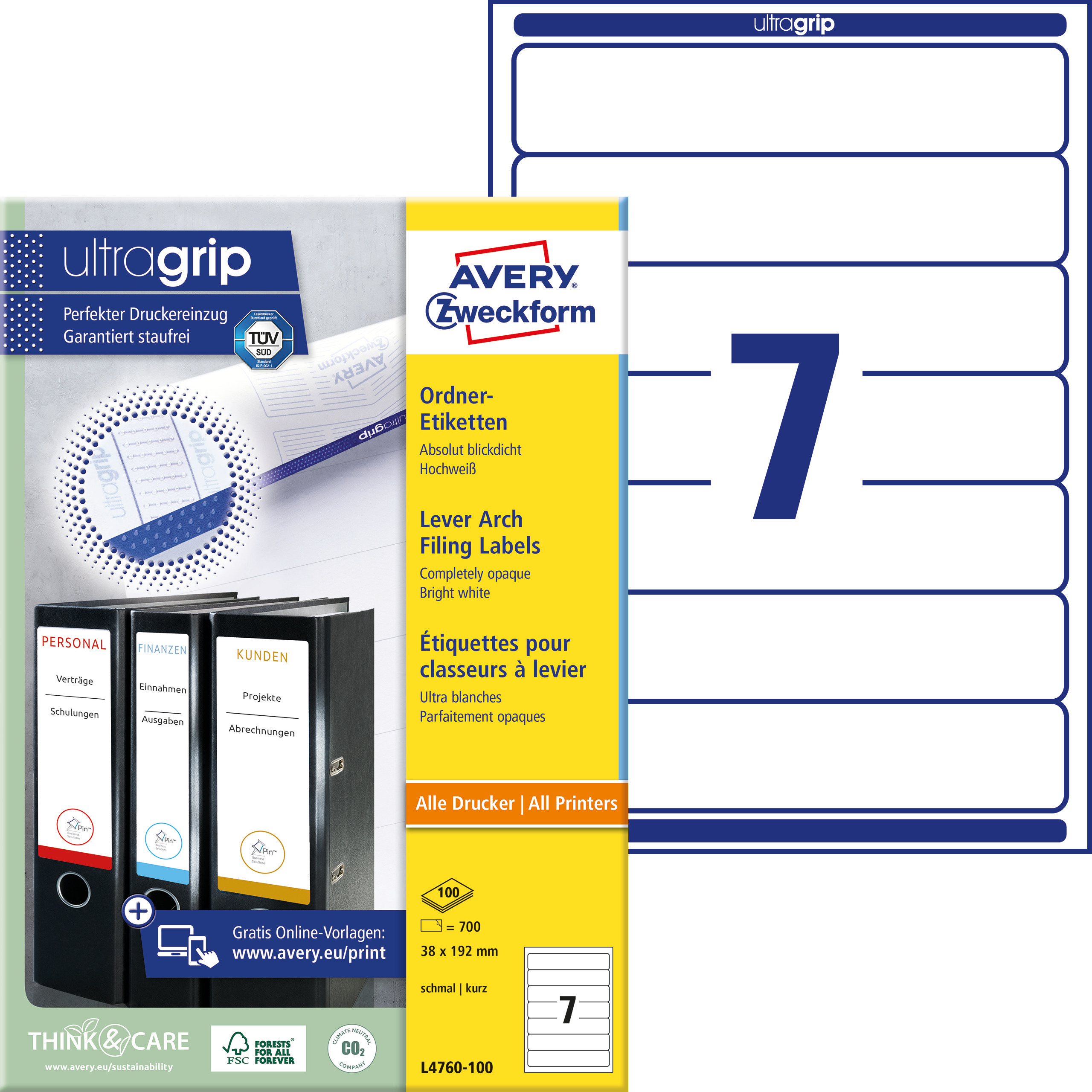 AVERY-ZWECKFORM-L4760-100-4004182036891 AVERY ZWECKFORM Ordner-Etiketten 38x192mm L4760-100 weiss 700 Stück/100 Blatt – Bild 1