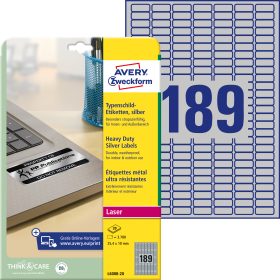 AVERY ZWECKFORM Typenschild-Labels 25,4x10mm L6008-20 silber, Laser 3780 St./20 Bl.