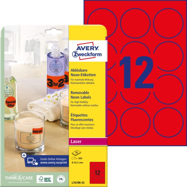 AVERY ZWECKFORM Etiketten 63,5mm L7670R-25 rot 300 Stück