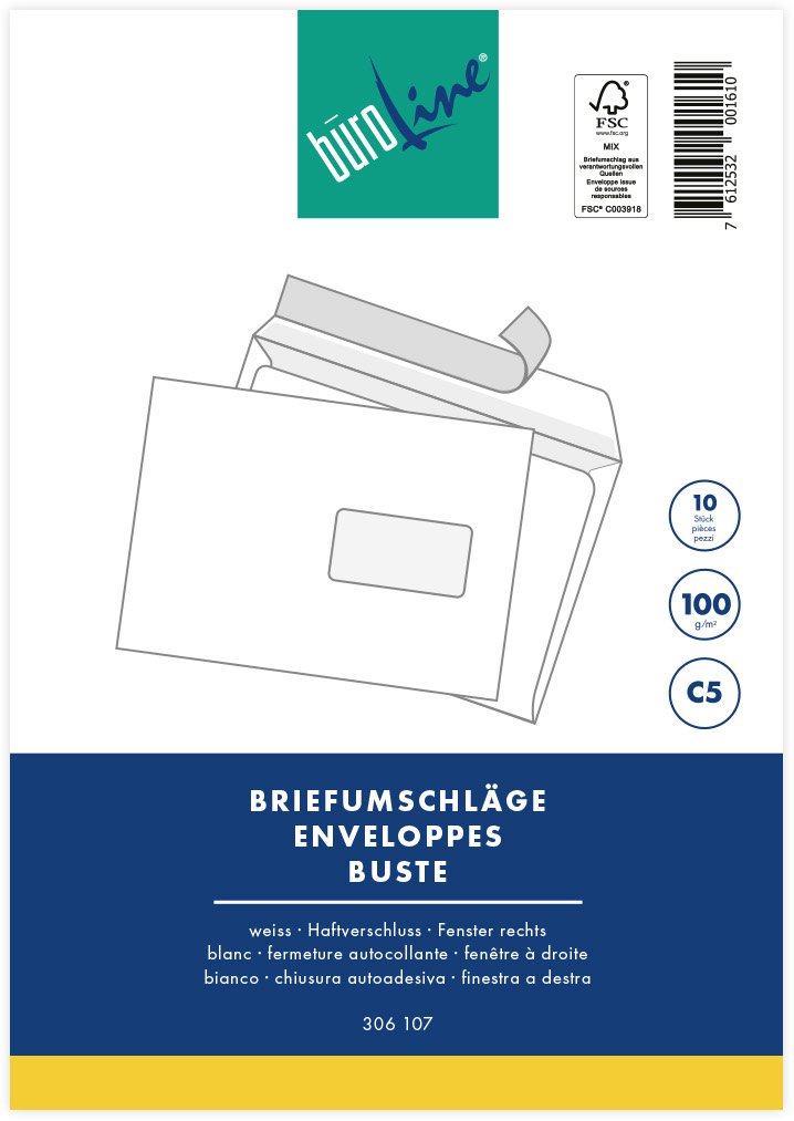 BUEROLINE-104589-7612532001610 BÜROLINE Couvert m/Fenster rechts C5 104589 100g, weiss 10 Stück – Hochwertig & günstig bei ShopDeca