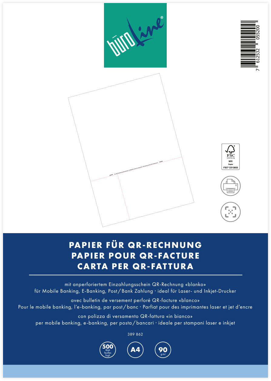 BUEROLINE-389862-7612532055200 BÜROLINE Einzahlungsschein QR-Code A4 389862 90g, perforiert/blanko 500 Stk – Hochwertig & günstig bei ShopDeca