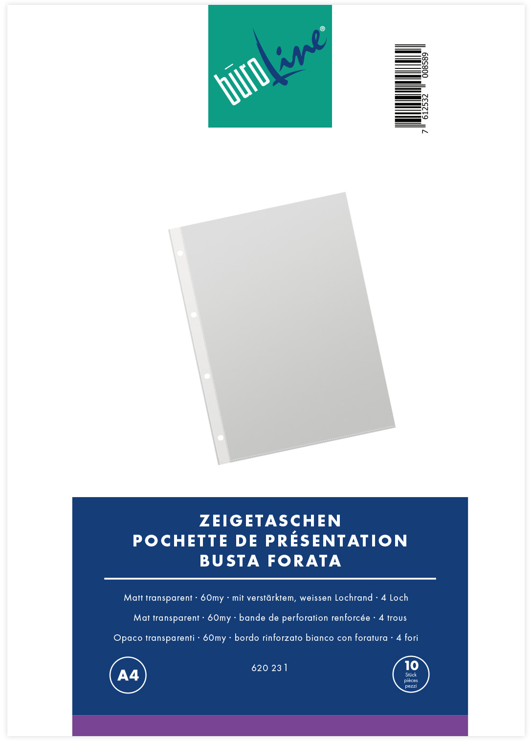 BUEROLINE-620231-7612532008589 BÜROLINE Zeigetaschen PP 60 my A4 620231 transparent, genarbt 10 Stück – Hochwertig & günstig bei ShopDeca