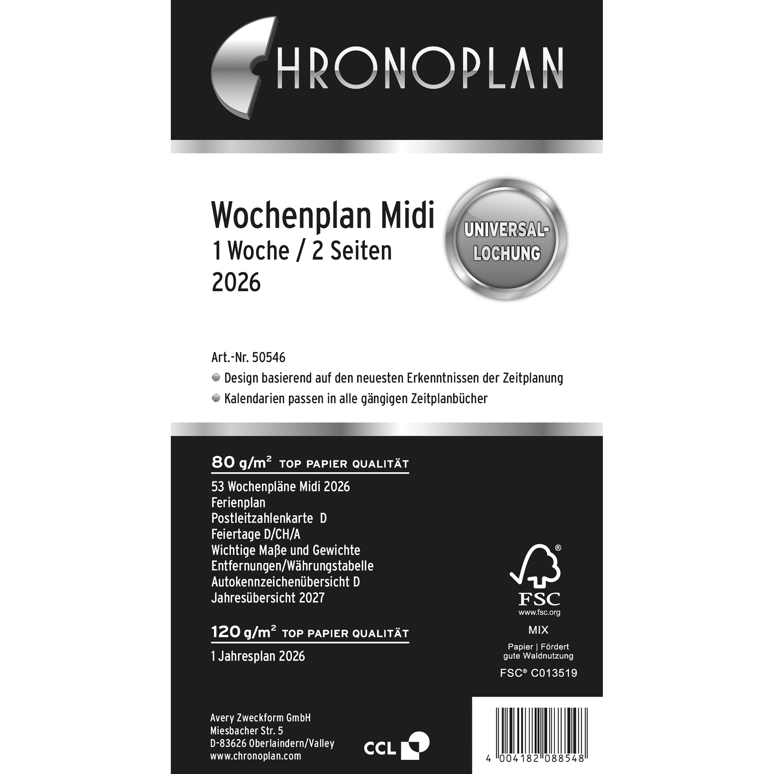 CHRONOPLAN-50546Z.26-4004182088548 CHRONOPLAN Ersatz Wochenplan 2026 50546Z.26 1W/2S in Spalten Midi – Hochwertig & günstig bei ShopDeca