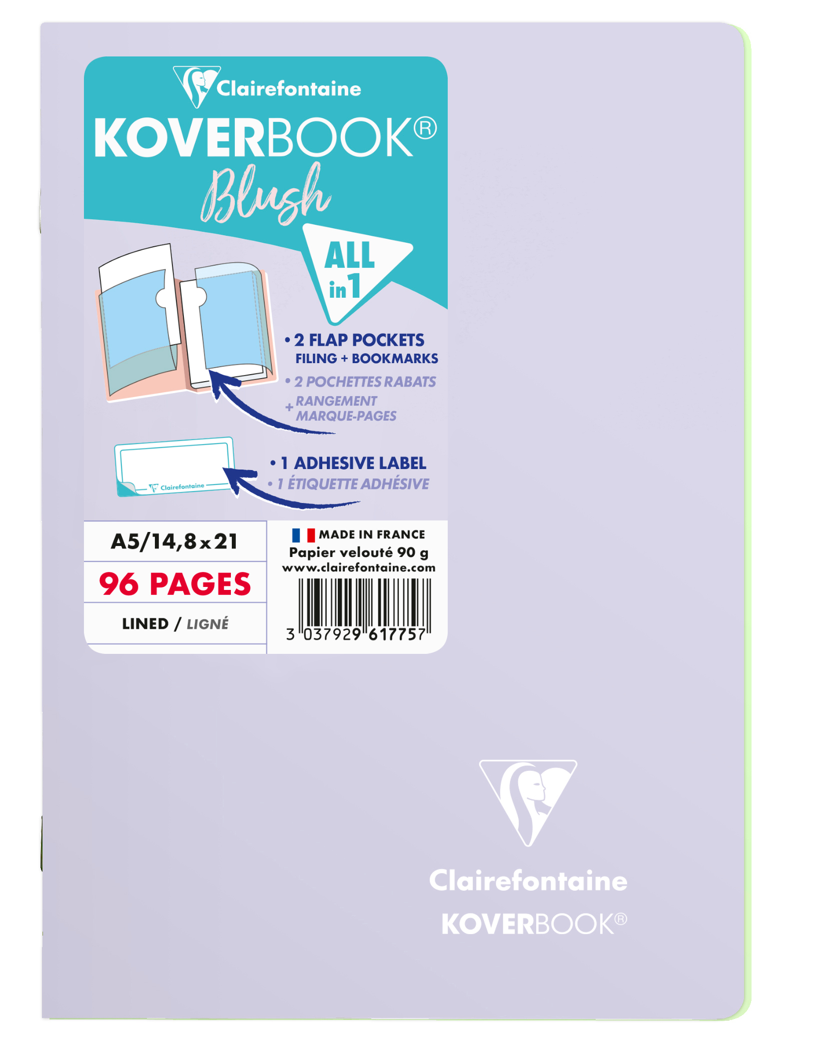 CLAIREFONTAINE-961775C-3037929617757 CLAIREFONTAINE Koverbook Schulheft Blush A5 961775C 90g, liniert lila / lindgrün – Hochwertig & günstig bei ShopDeca