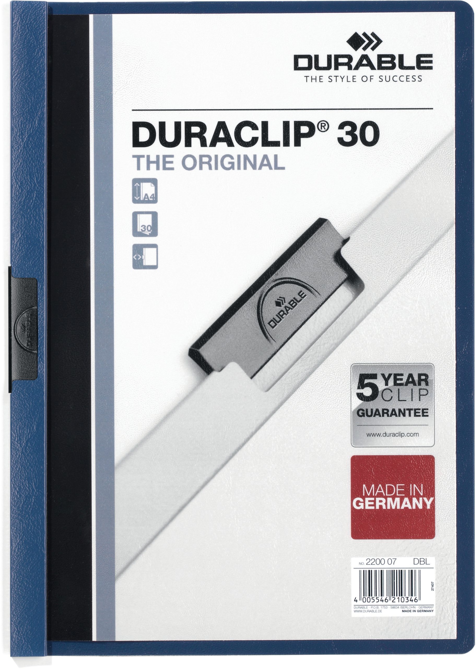 DURABLE-220007-4005546210346 DURABLE Klemmhefter DURACLIP 30 220007 für 30 Blatt A4 dunkelblau – Bild 1