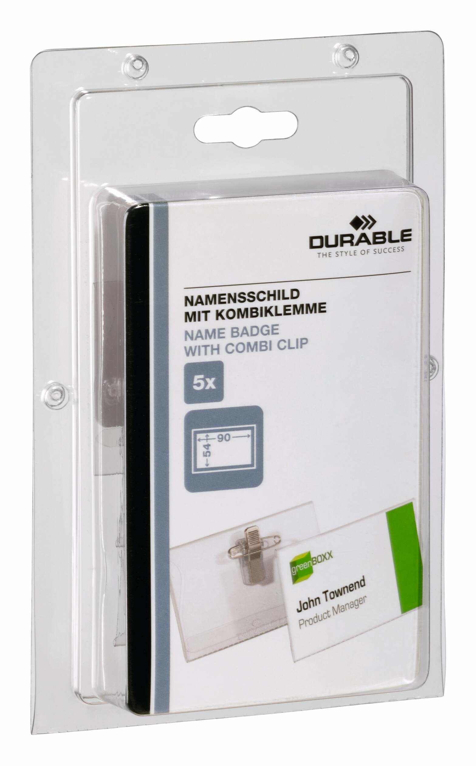 DURABLE-861019-4005546805542 DURABLE Namensschild m/Klemme 90x54mm 861019 5 Stück transp. Kunststoff – Hochwertig & günstig bei ShopDeca