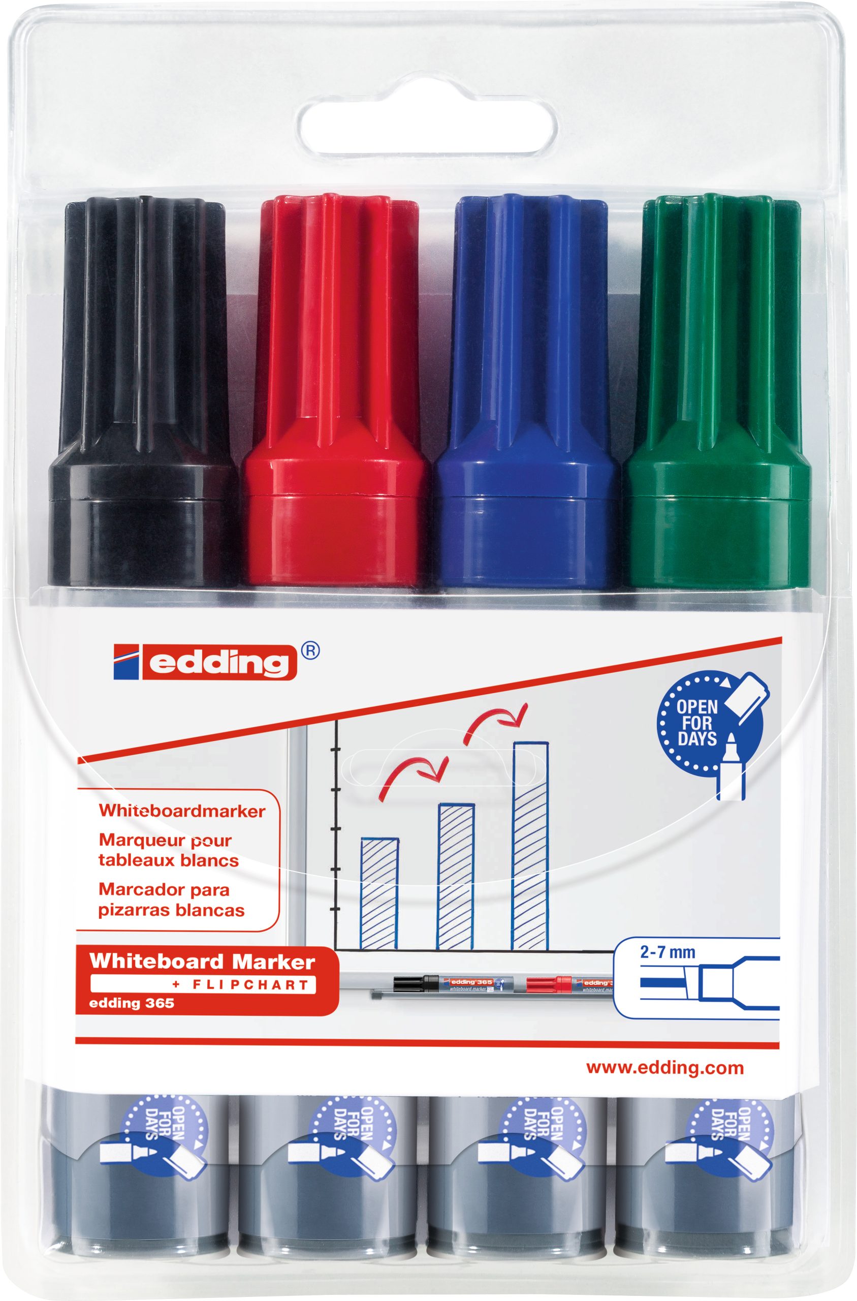 EDDING-365-E4-4004764105458 EDDING Whiteboard Marker 365 2-7mm 365-E4 schwarz,rot,blau,grün 4 Stk. – Hochwertig & günstig bei ShopDeca