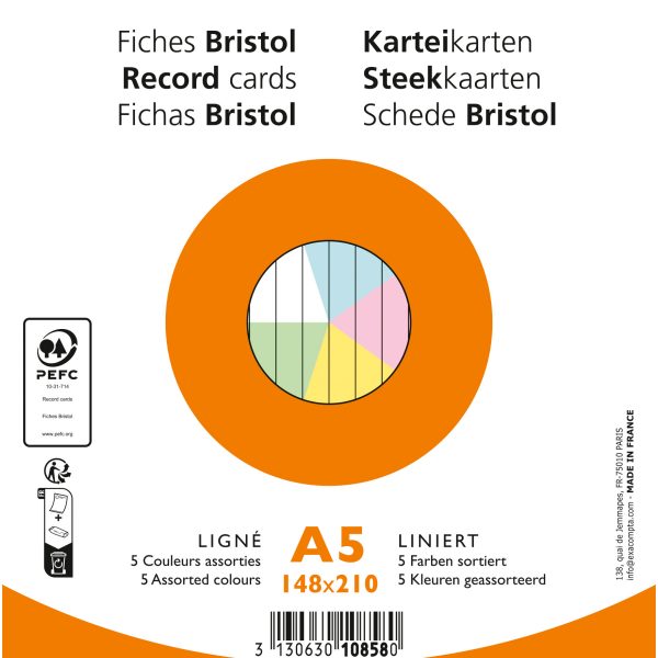 EXACOMPTA Karteikarten liniert A5 10858E farbig assortiert 100 Stück