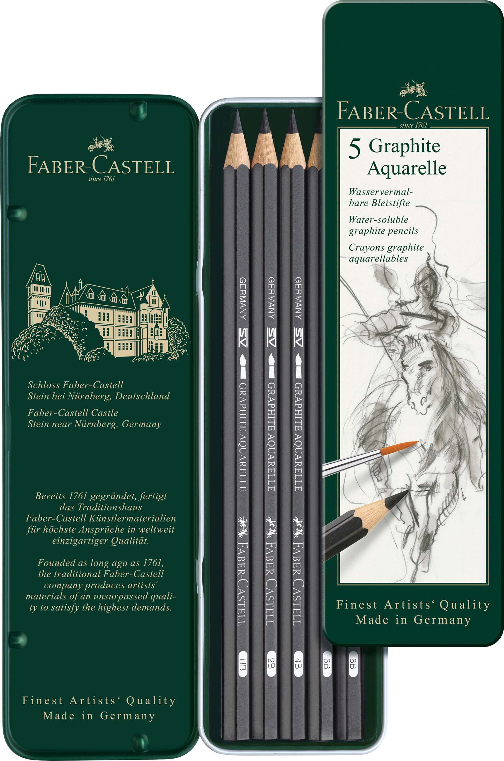 117805_Watersoluble pencil GRAPHITE AQUARELLE tin of 5 FABER-CASTELL Graphite Aquarelle Bleistift 117805 Metalletui 5 Stück – Hochwertig & günstig bei ShopDeca