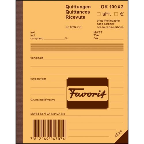 FAVORIT Quittungen A6 8094 OK rot/weiss,D/F/I,durchschreib.