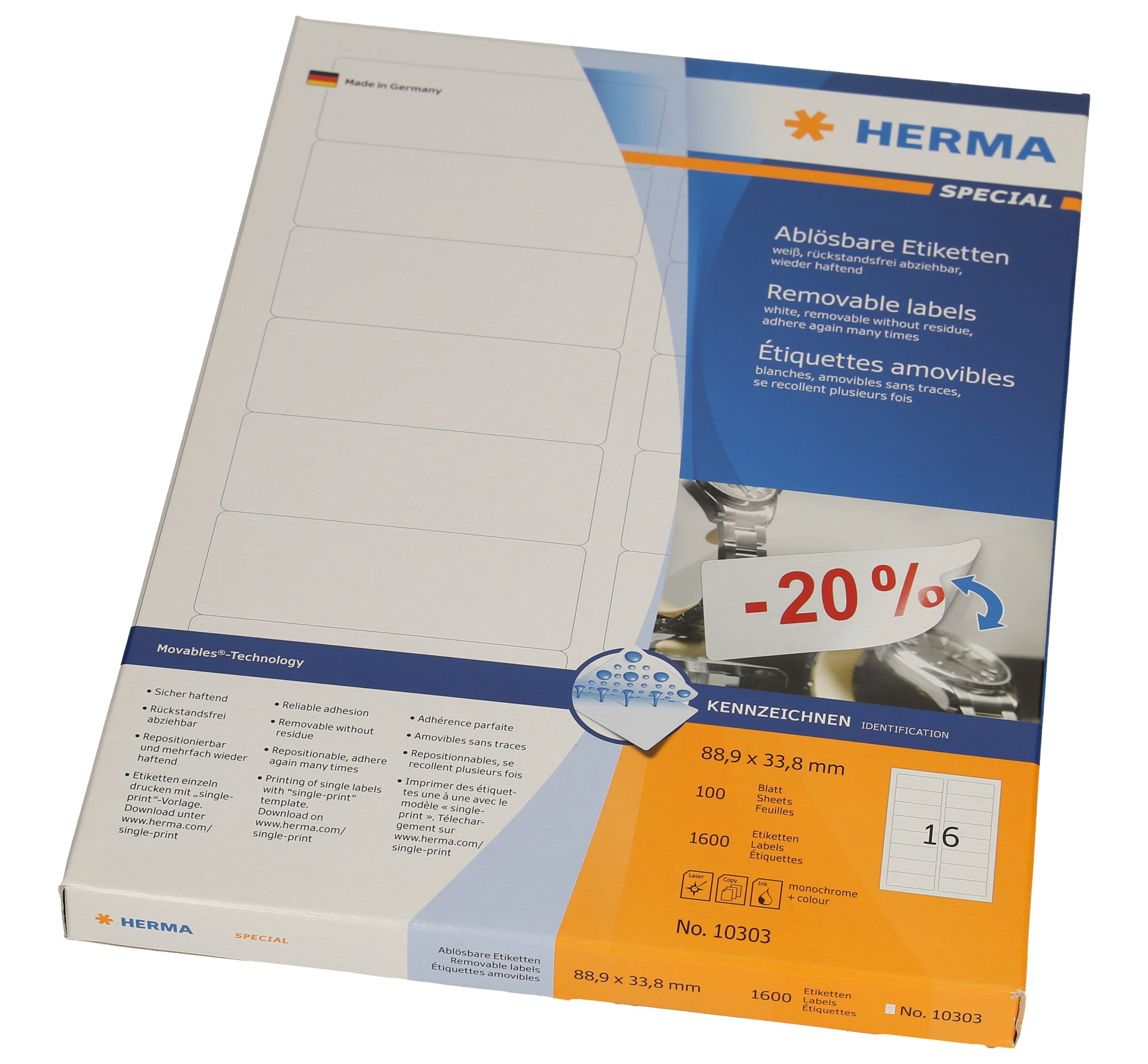 HERMA-10303-4008705103039 HERMA Etiketten 88.9x 33.8mm 10303 weiss 1600 Stück, 100 Blatt – Hochwertig & günstig bei ShopDeca