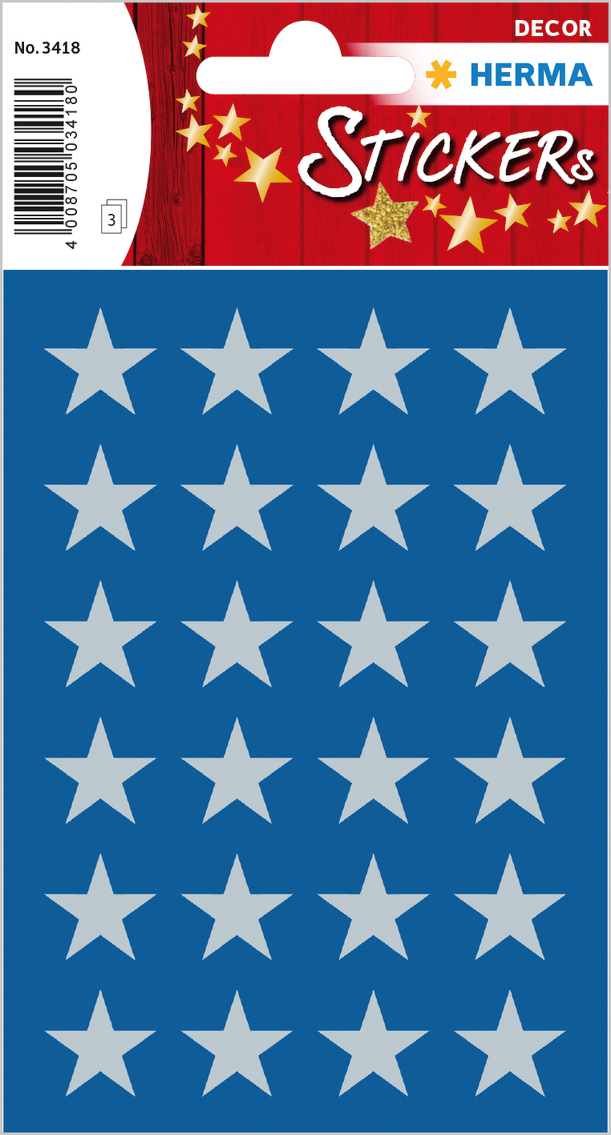 HERMA-3418-4008705034180 HERMA Sticker Sterne 15mm 3418 silber 72 Stück/3 Blatt – Bild 1