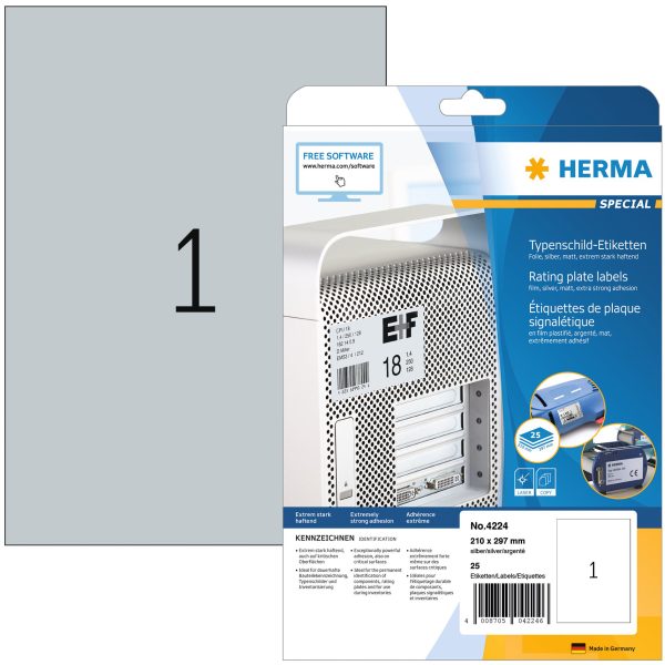 HERMA Typ-Etiketten 210x297mm 4224 silber 25 Stück