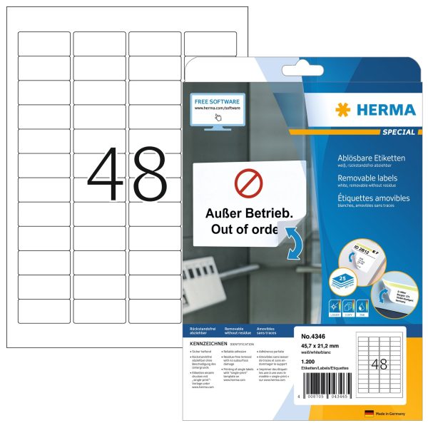 HERMA Etiketten Ablösbar 45,7x21,2mm 4346 weiss,non-perm. 1200 St./25 B.