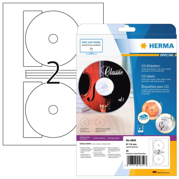 HERMA CD-Etiketten Ø116mm 4850 50 Stück, 25 Blatt