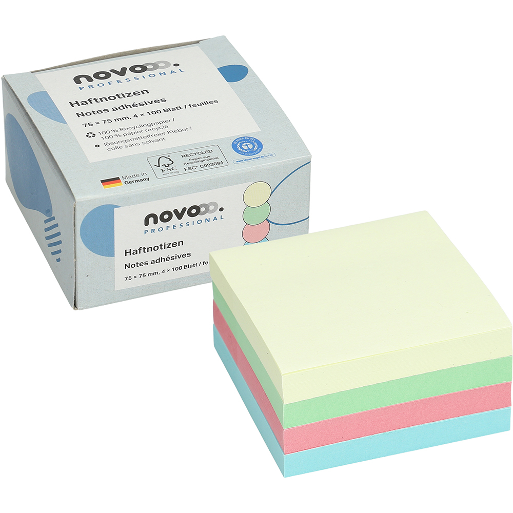 NOVOOO-5654-88box-4-9010729096582 NOVOOO Haftnotizen Recycling 75x75mm 5654-88box-4 assortiert 4x100 Blatt – Hochwertig & günstig bei ShopDeca