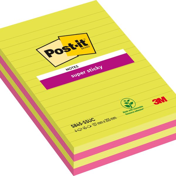 POST-IT Block Super Sticky 203x127mm 5845-SSUC grün/pink,4x45 Blatt,liniert