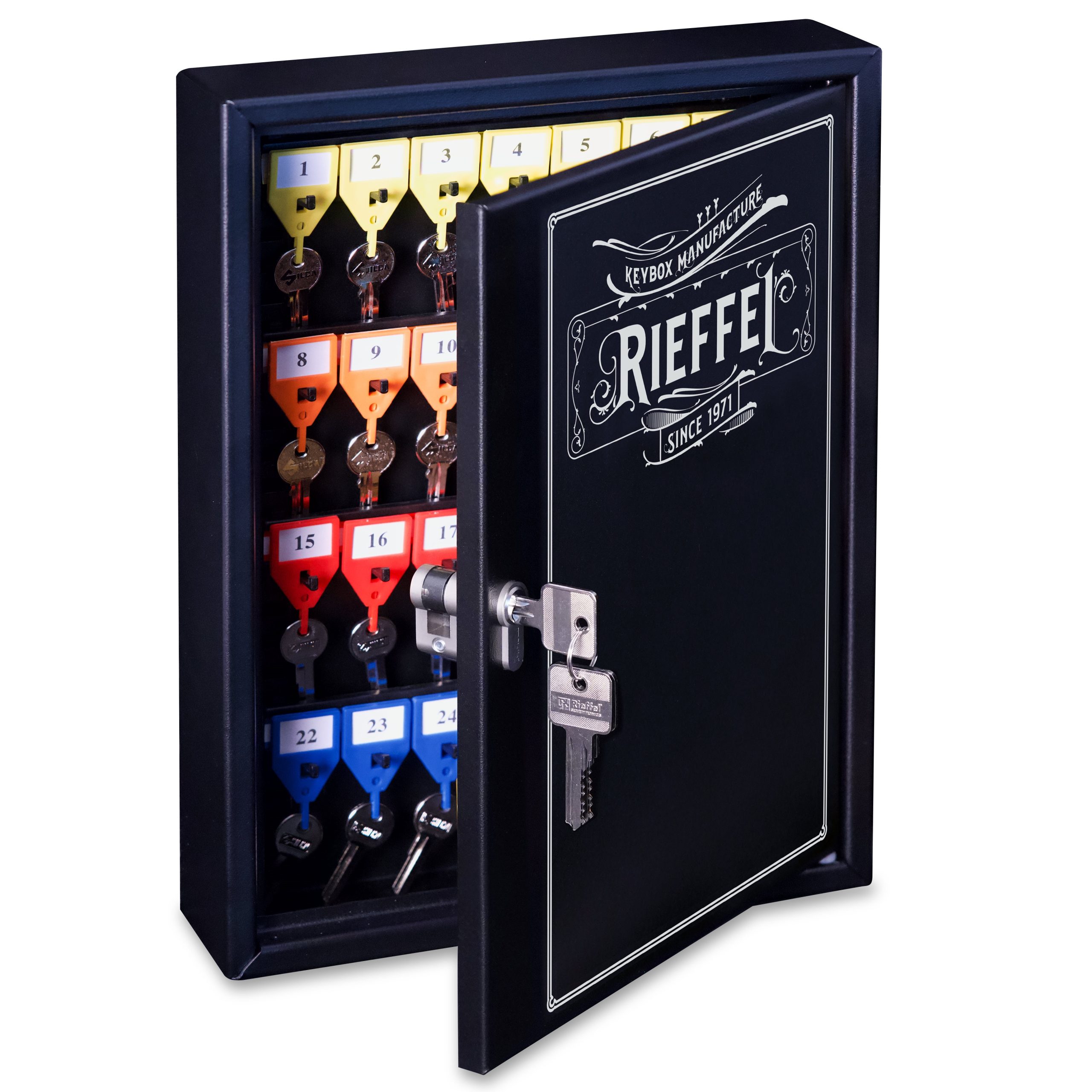 RIEFFEL-SWITZERLAND-KRLEGEND42PZ-7630010400526 RIEFFEL SWITZERLAND Schlüsselkasten KyStor schwarz KRLEGEND42PZ 35x27x6,5cm 42 Haken – Bild 1