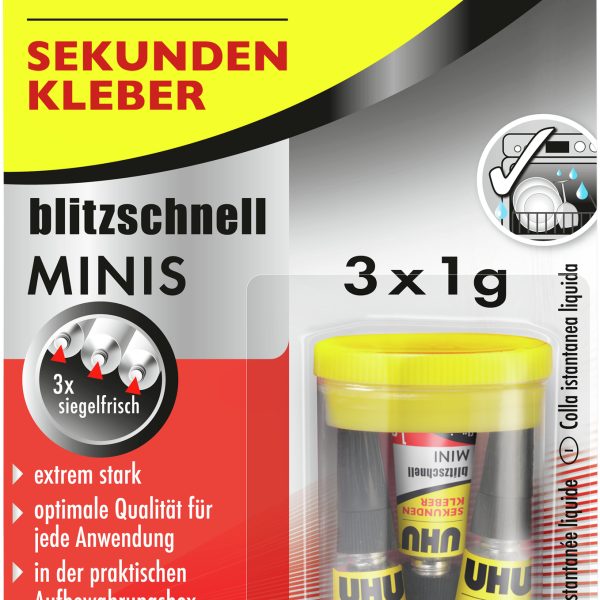UHU Sekundenkleber 51635 flüssig, MINIS 3 x 1g