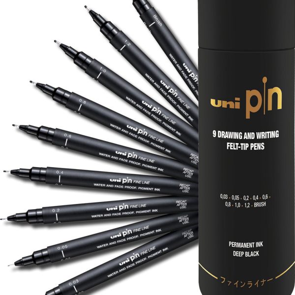UNI-BALL Fineliner Pin Set PIN2009P schwarz, Tube 9 Stück