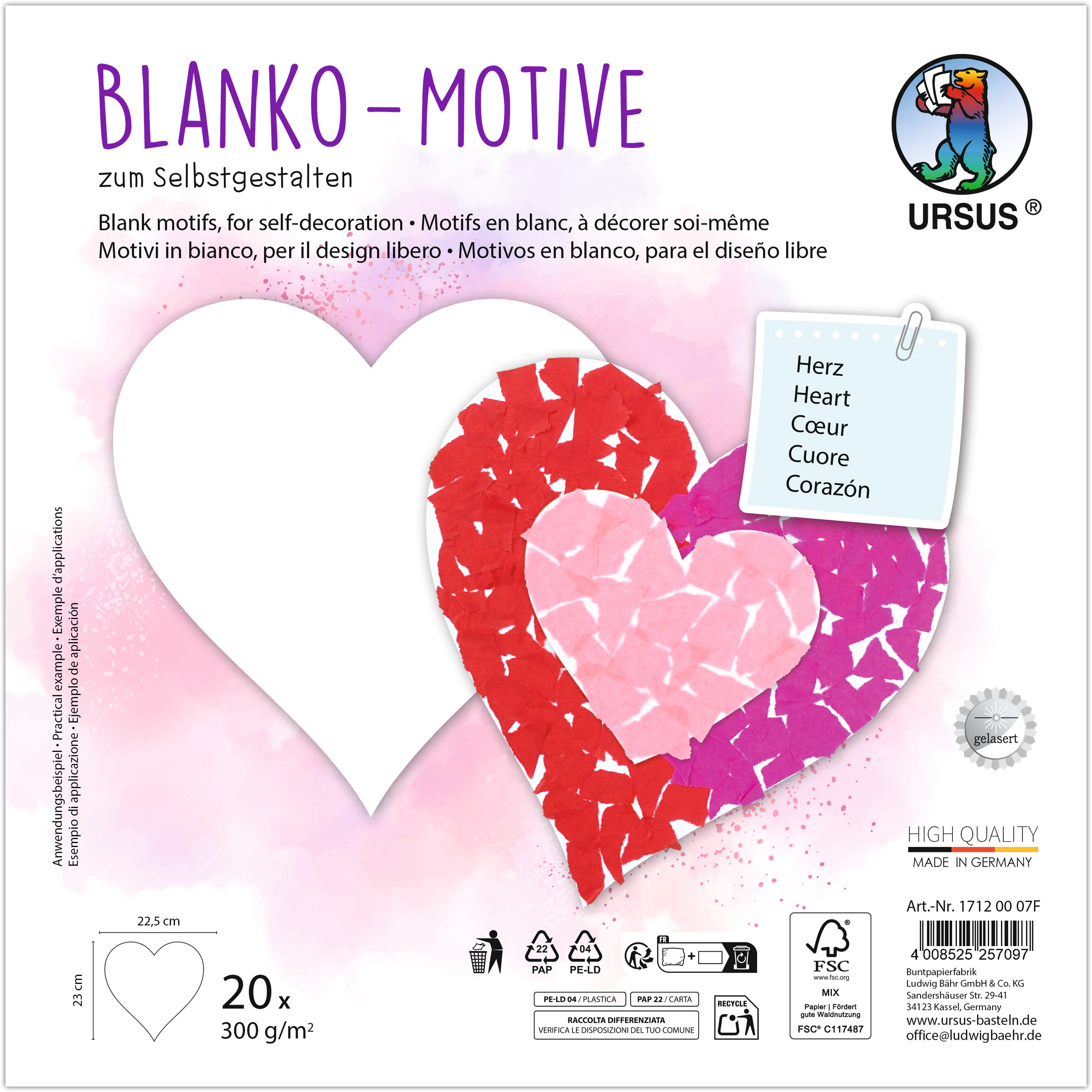 URSUS-17120007F-4008525257097 URSUS Blanko Motive 23x23cm 17120007F Herz 20 Blatt – Hochwertig & günstig bei ShopDeca