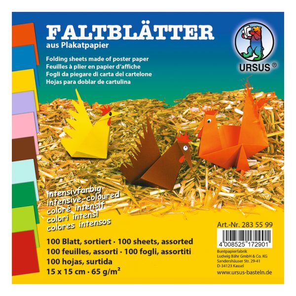 URSUS Faltblätter Origami 15×15cm 2835599 10 Farben ass. 100 Blatt