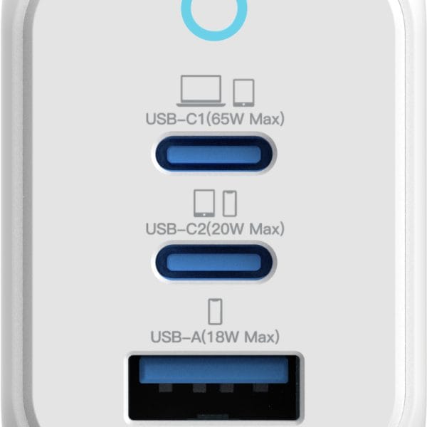 VINNIC FERNOW GaN 65W,Wallcharger VPCG-GA65WG1-EUWH 2x USB C, 1x USB-A, White