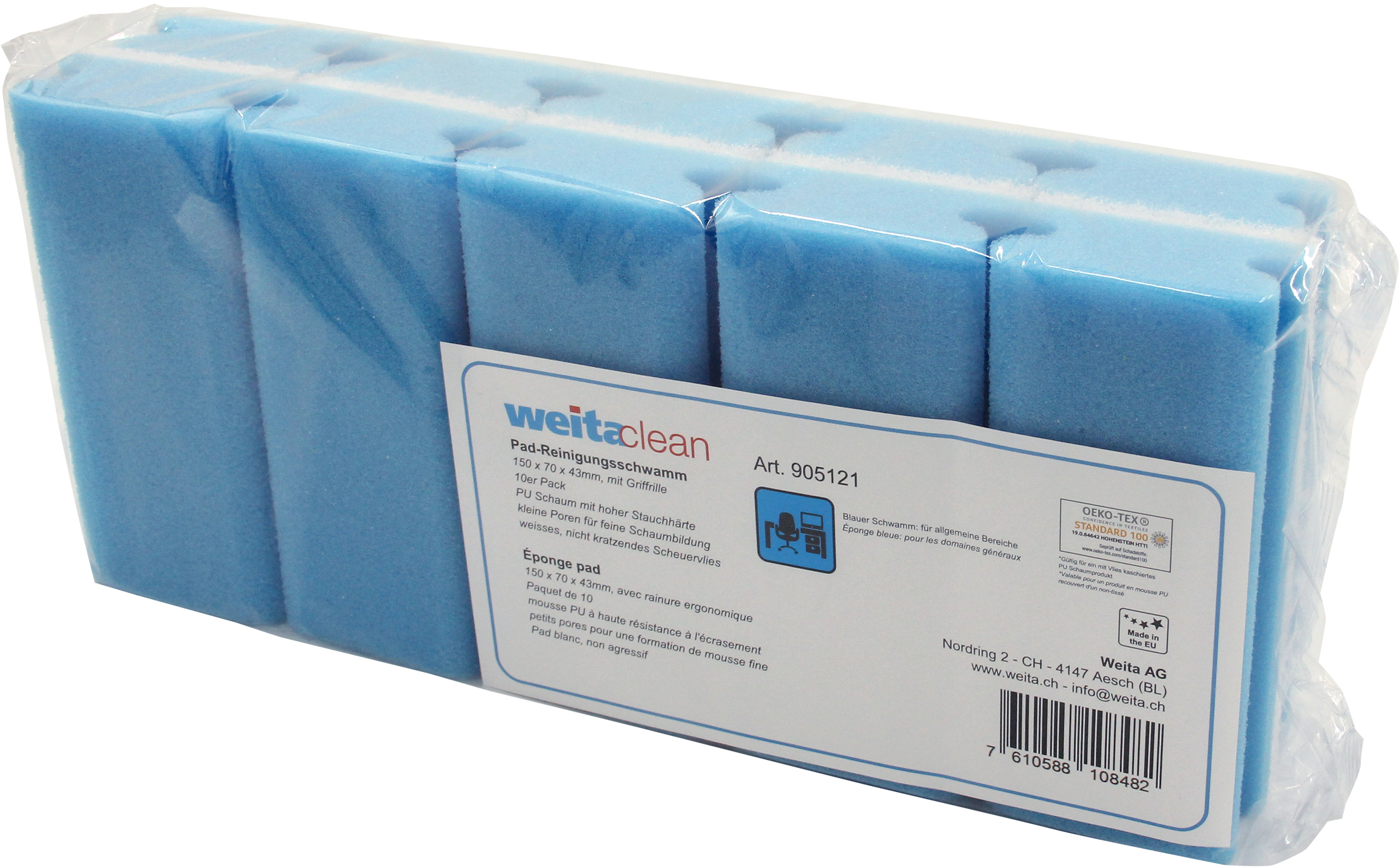 WEITACLEAN-5028024-7610588108482 WEITACLEAN Padschwamm 150x70x43mm 5028024 blau, kratzfrei 10 Stück – Hochwertig & günstig bei ShopDeca